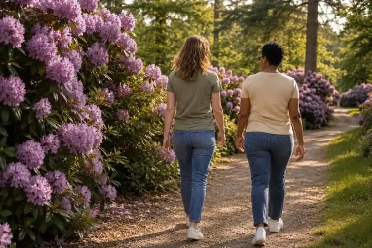 Sharon Burgler wandelt met een cliënt tijdens een buitensessie